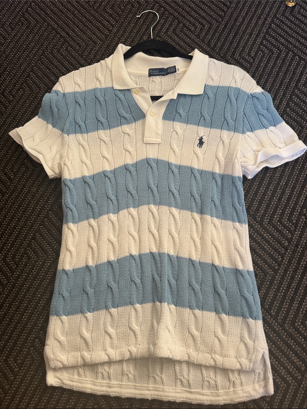 Ralph Lauren White & Light Blue Cable-Knit Stripe Polo